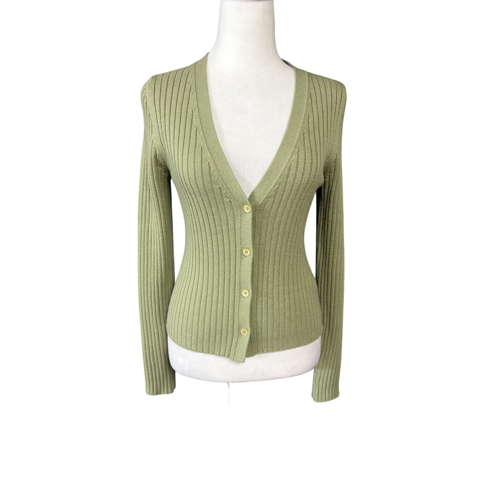 Wilfred Cardigan Sweater Womens M Green Wool Cotton Ribbed Button V Neck 30025